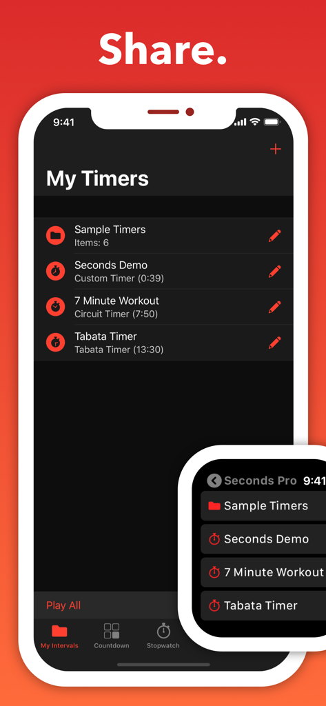 Seconds Pro Interval Timer - Seconds Pro app showing interval timer lists on iPhone and Apple Watch with sharing functionality