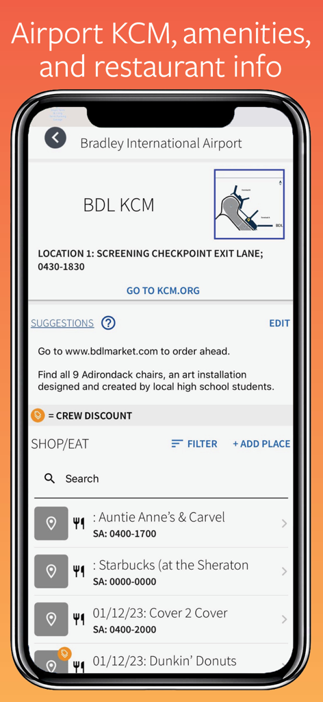 Flight Crew View - Mobile app screen showing airport KCM locations and restaurant listings for Bradley International Airport.