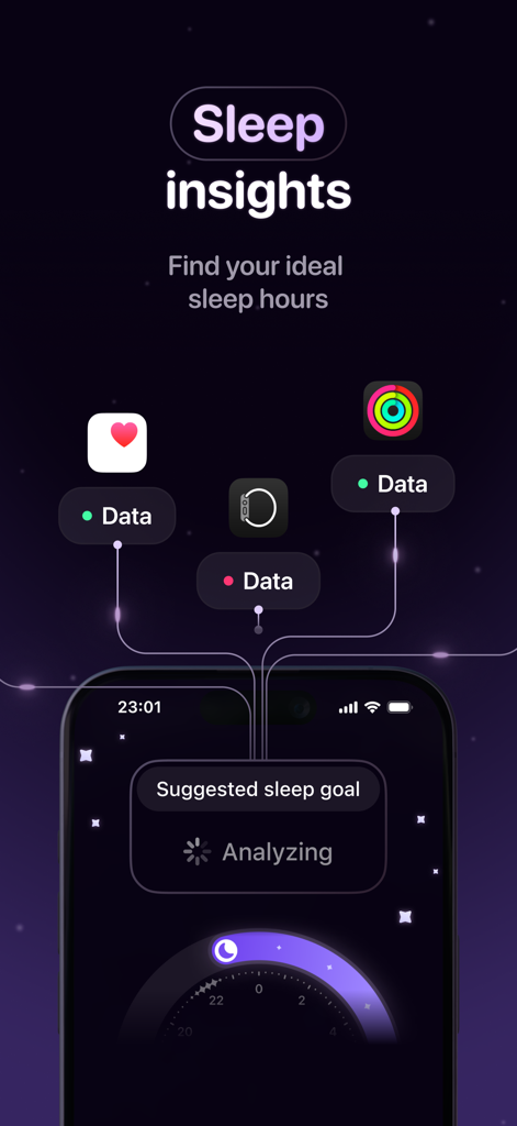 Wonderwake: Gentle Alarm Clock - Interfaz de la aplicación Wonderwake que muestra información del sueño y sincronización de datos de salud para objetivos de sueño sugeridos