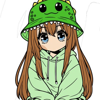 girl with anime shaped eyes with a dinosaur bucket hat oversized sweatshirt long straight hair