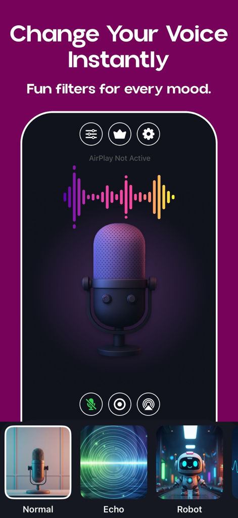 Mic to Speaker: Bluetooth Mic - Interface of the Mic to Speaker app showing various voice filters including echo and robot with a central microphone graphic and colorful sound waveform.