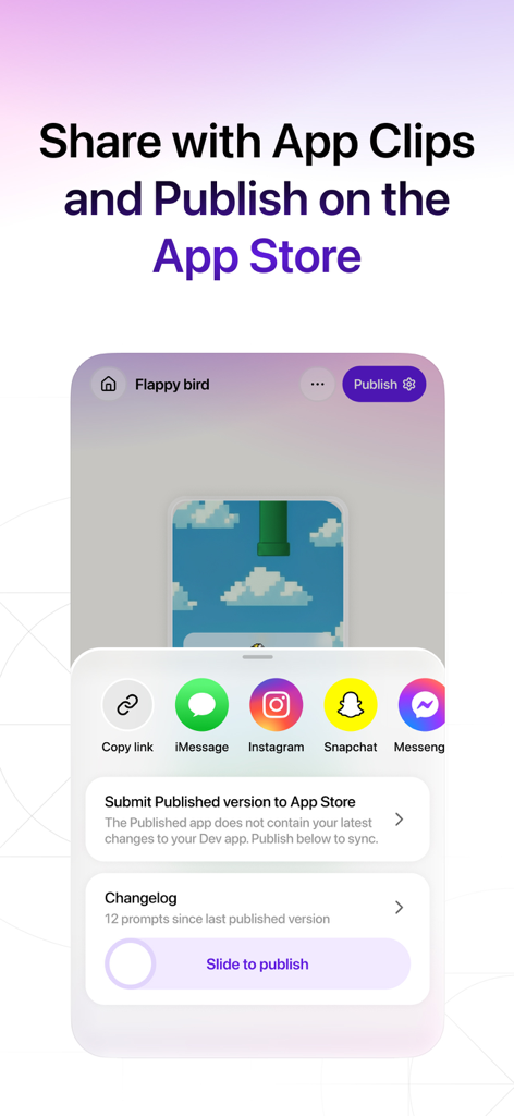 Vibecodeアプリインターフェース。App Clipsでモバイルアプリを共有し、App Storeに公開するための画面。