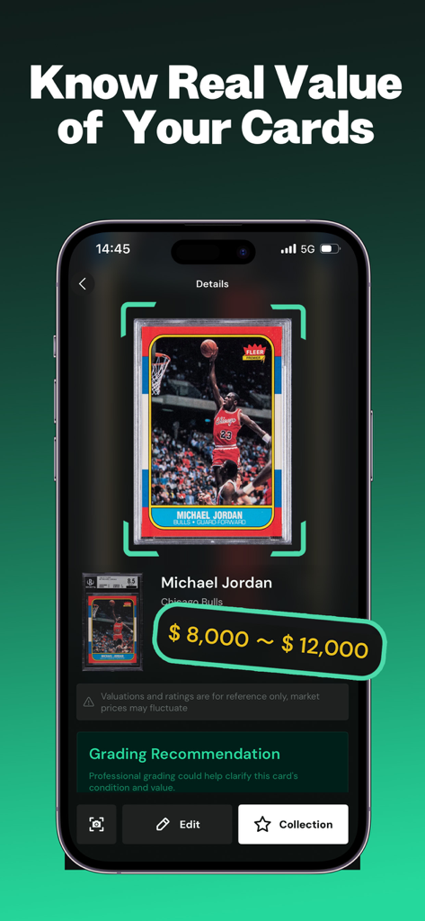 CardSnap - Sports Card Scanner - CardSnap app interface showing a Michael Jordan card scan with an estimated market value between 8000 and 12000 dollars.