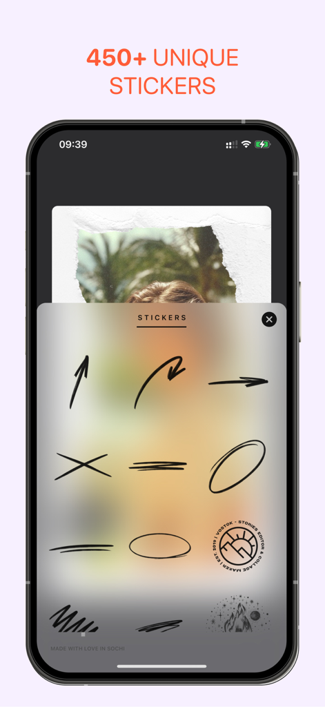 Vostok — Story Maker - A smartphone displaying the Vostok app interface with a collection of minimalist hand drawn stickers for story editing