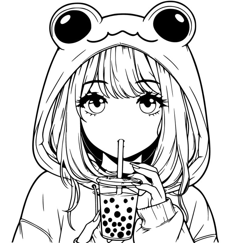 realistic girl drinking boba with frog hoodie on