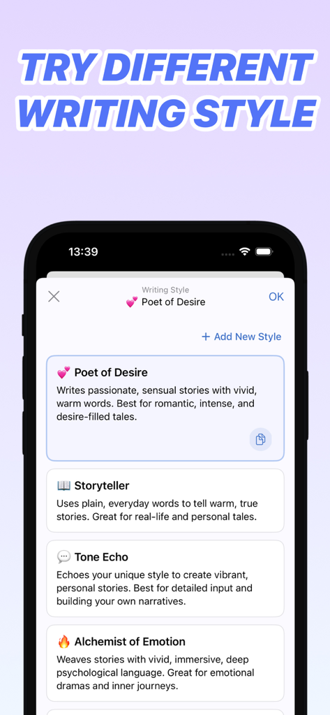 Uncensored AI - InkPal - InkPal app interface displaying different AI writing style options like Poet of Desire and Storyteller