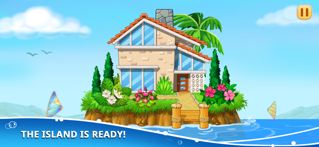 A colorful two-story house on a tropical island with palm trees and flowers