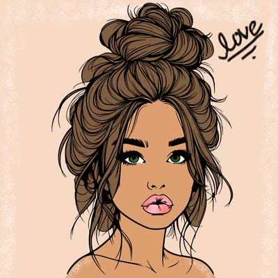 realistic girl with a messy bun and she has lips