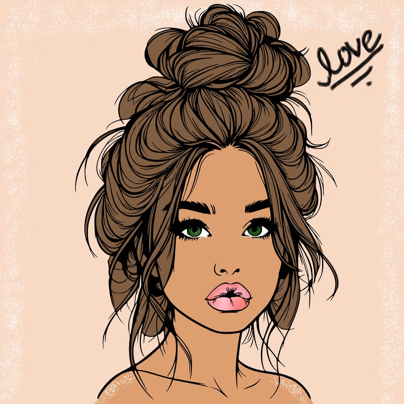 realistic girl with a messy bun and she has lips