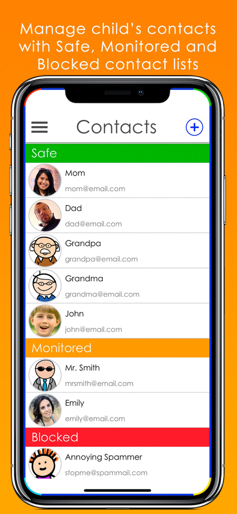 Tocomail - Email for Kids - L'interface de l'application Tocomail affiche les listes de contacts autorisés, surveillés et bloqués pour les enfants.
