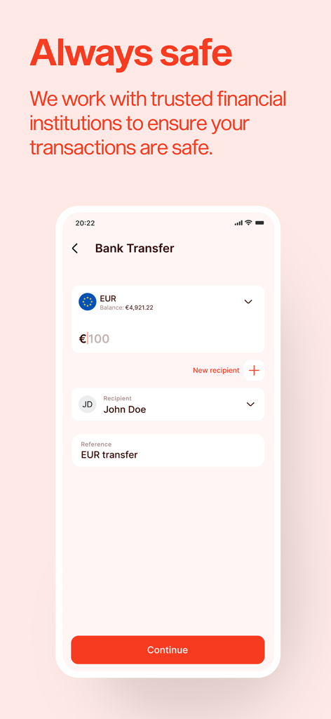 Jeton-App-Bildschirm, der eine sichere Banküberweisung in Euro-Währung zeigt