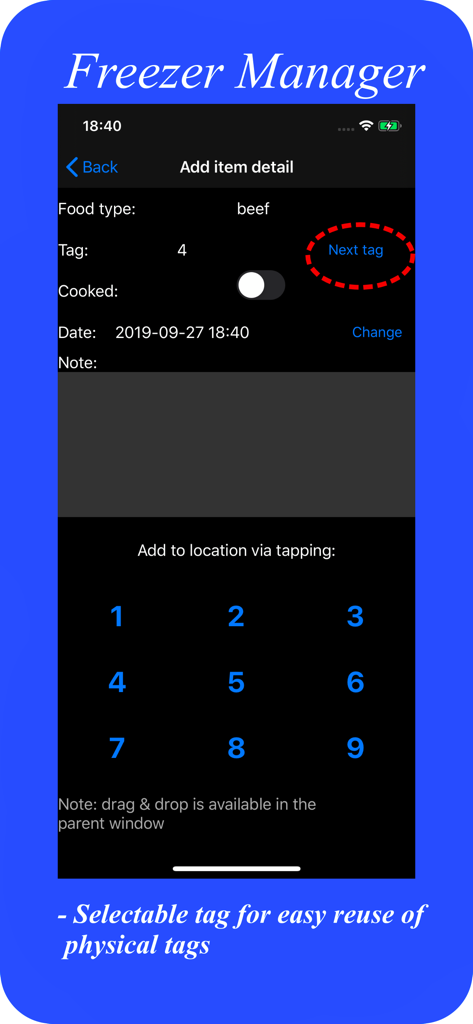 FreezerManager - Écran de l'application FreezerManager pour ajouter des détails d'articles, y compris le type d'aliment bœuf et l'attribution d'étiquettes physiques avec une grille d'emplacement numérique.