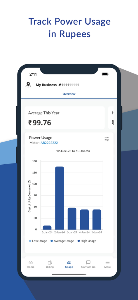 MGVCL Smart Meter - MGVCL Smart Meter app interface showing electricity consumption tracking in Indian Rupees with a daily usage bar chart