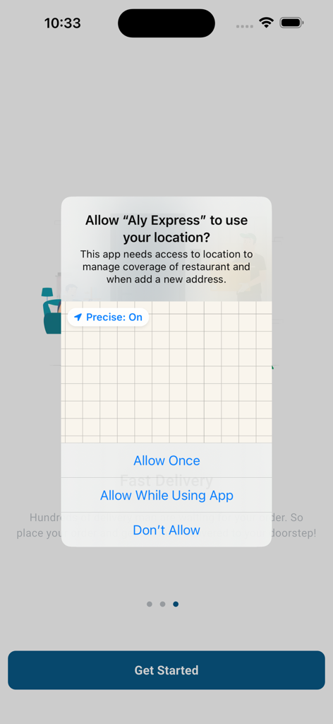 Aly Express app requesting location access on an iOS onboarding screen