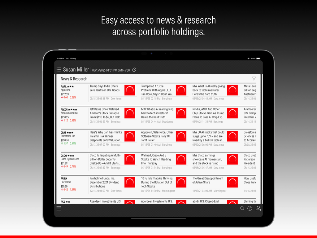 Morningstar iPad app displaying news and research for portfolio holdings