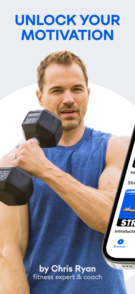Chris Ryan Fitness: Home & Gym - Chris Ryan fitness coach holding a dumbbell with text unlock your motivation