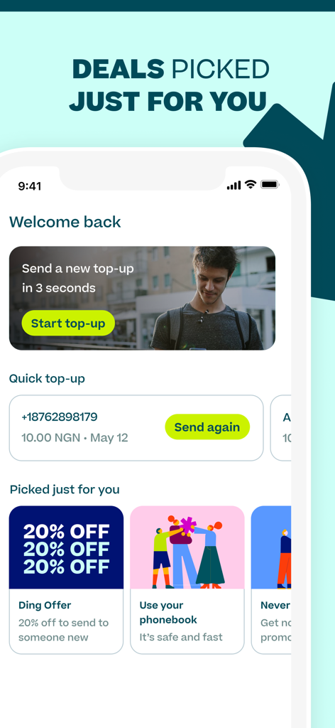 Ding Top-up: Mobile Recharge - Oberfläche der Ding-Mobil-App, die Optionen zum schnellen Aufladen und aktuelle Rabattangebote anzeigt