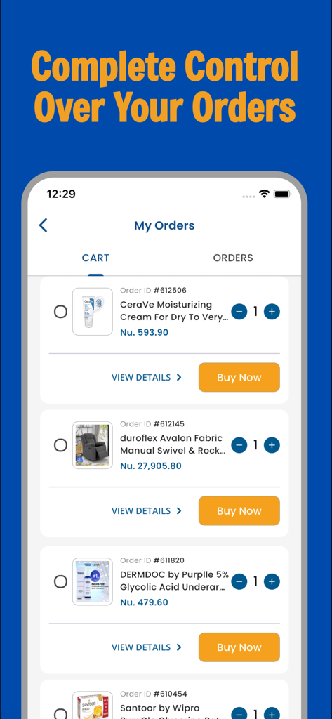 Medhey - Medhey app shopping cart showing product listings with prices in Bhutanese Ngultrum and buy now buttons