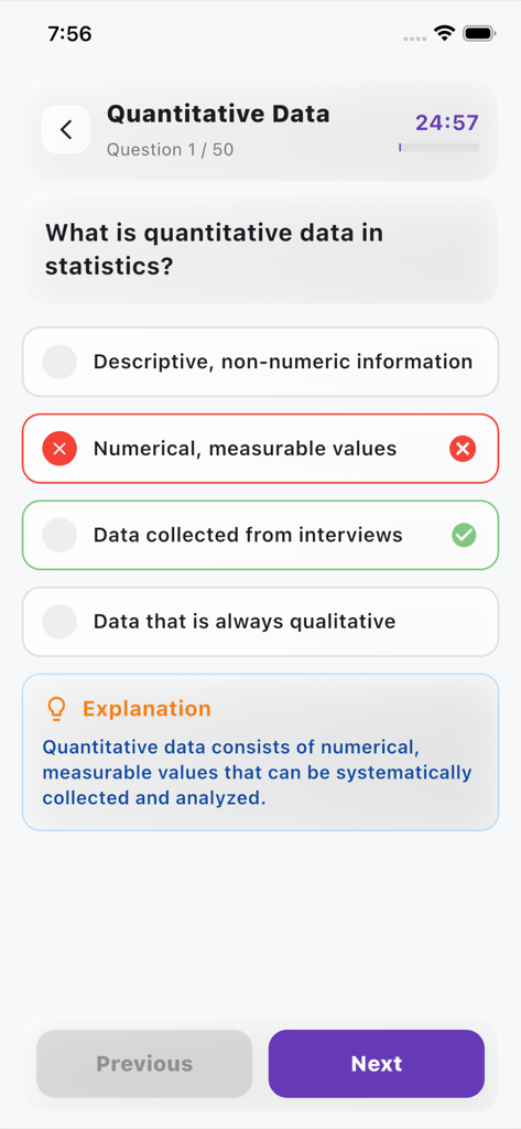 GCSE Statistics Practice Pro - A screenshot of the GCSE Statistics Practice Pro app showing a multiple choice quiz question about quantitative data with an explanation box and instant feedback.