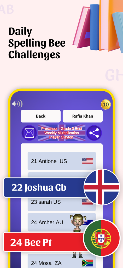 Spelling Homework Times Tables - Interface showing a global leaderboard for daily spelling bee challenges with student rankings and country flags.