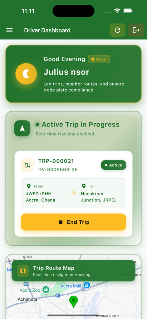 DVLA Ghana - Driver Dashboard in the DVLA Ghana app showing an active trip with real-time tracking and a route map in Accra