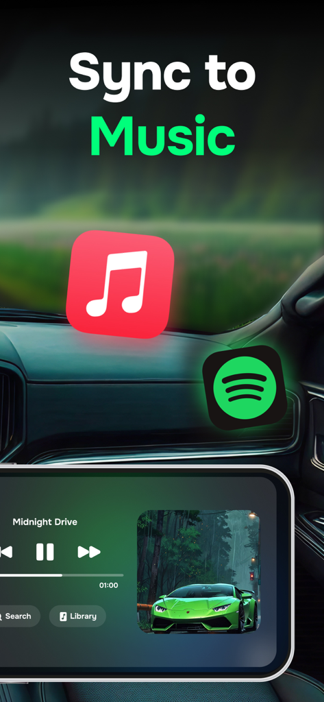 Car Play Connect app interface showing music synchronization with Apple Music and Spotify icons over a car dashboard