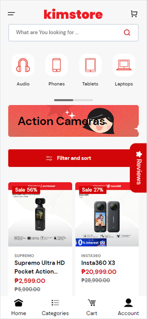 KimStore - KimStore App-Startbildschirm mit rabattierten Action-Kameras und Gadget-Kategorien wie Handys und Laptops.