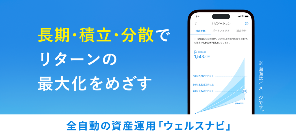 ウェルスナビで全自動の資産運用を - 自動投資の成長予測チャートと日本語のマーケティングテキストを表示するWealthNaviモバイルアプリ。