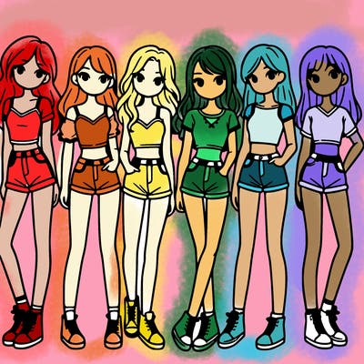 a group of girls wearing crop tops and shorts