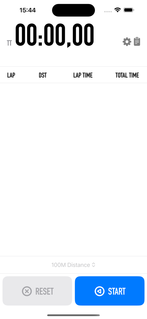 Main interface of Swim LapTimer app showing a digital stopwatch with start and reset buttons