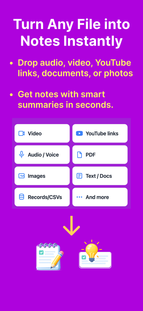 Bible Note Taker, Record, Chat - A graphic showing how the Bible Note Taker app converts various file types like audio, video, and YouTube links into smart notes and summaries.