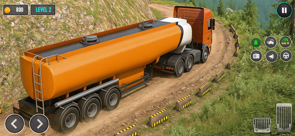 Oil Tanker Supply Truck 2025 - An orange oil tanker truck driving on a narrow dirt mountain road in a driving simulator game