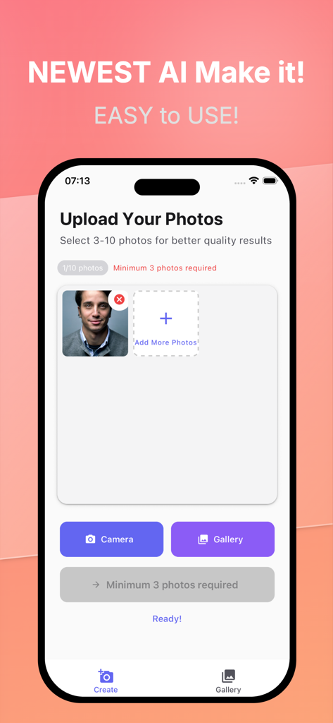 AI ID Image Generator - Upload photos screen in the AI ID Image Generator app showing options to select images from camera or gallery for passport photo creation