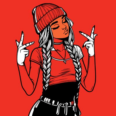 realistic teenage girl with braids and a beanie and crop top doing 🫶🏼