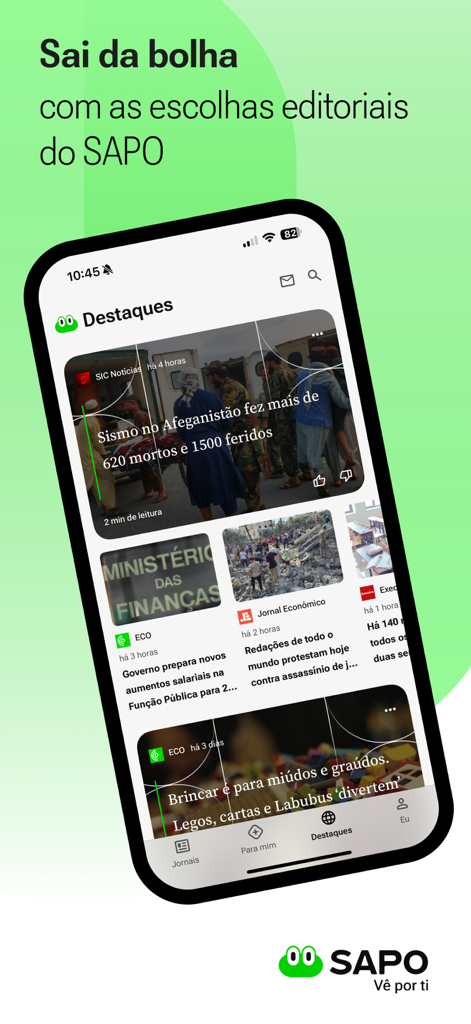 Pantalla de destacados de la app SAPO mostrando artículos de noticias seleccionados de fuentes de medios portugueses