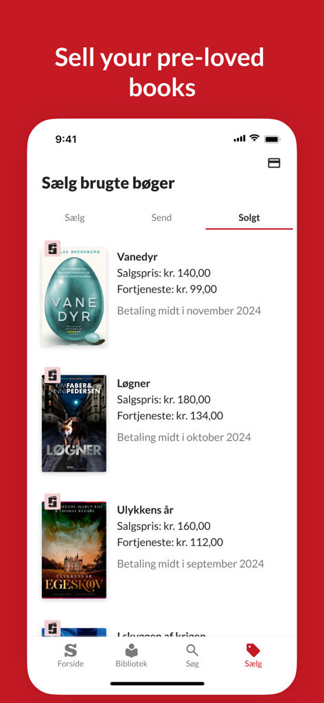 Saxo: Audiobooks & E-books - Schermata dell'app Saxo che mostra il marketplace per la vendita di libri fisici prediletti con un elenco di articoli venduti.