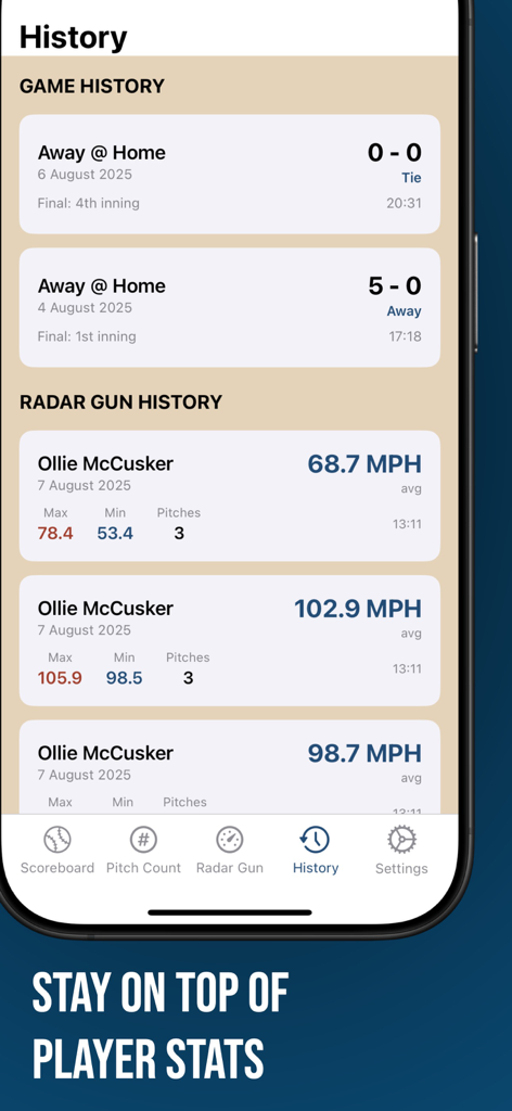 A history screen in the Bullpen app showing recorded baseball game scores and radar gun pitch velocity stats for players.