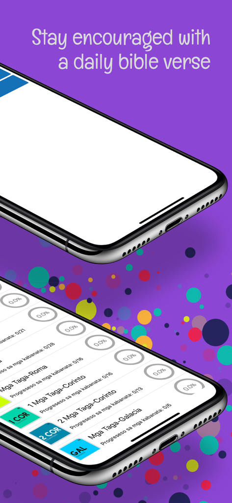 Screen showing Tagalog Bible books and reading progress in Ang Dating Biblia app.
