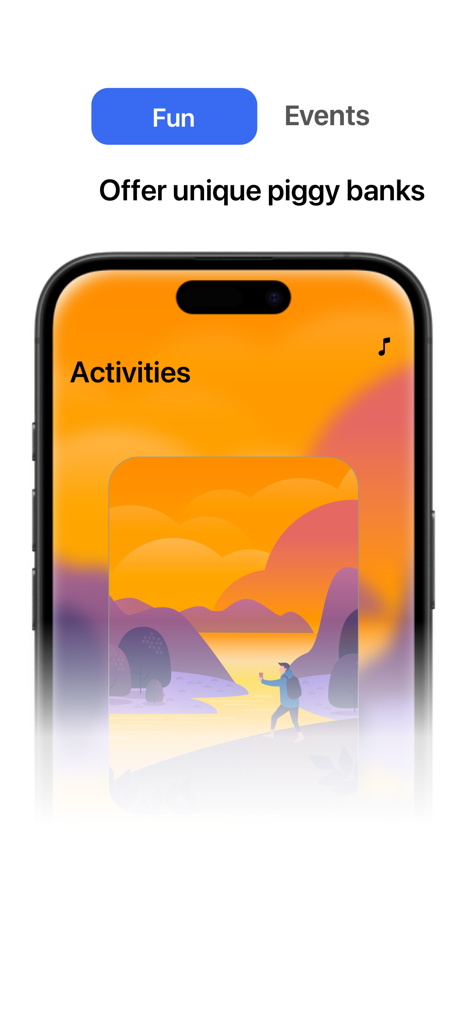 Banklet - Savings Plan - Banklet app Activities screen showcasing aesthetic piggy bank options with a sunset illustration