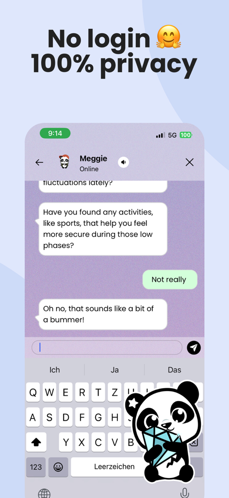 Earkick - Self Care AI Coach - Earkick app interface showing an AI chat with Meggie highlighting 100 percent privacy and no login required