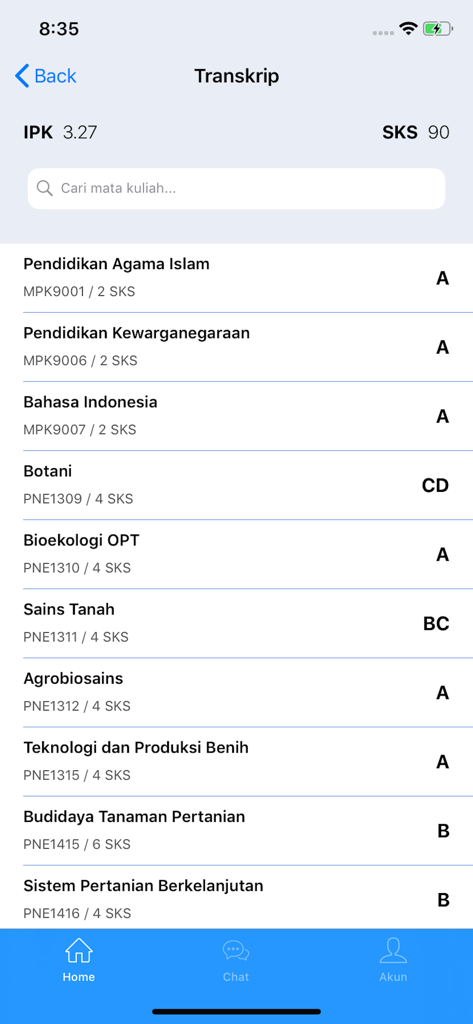 Sister For Student - Pantalla de historial académico que muestra el promedio (GPA) y las calificaciones de los cursos