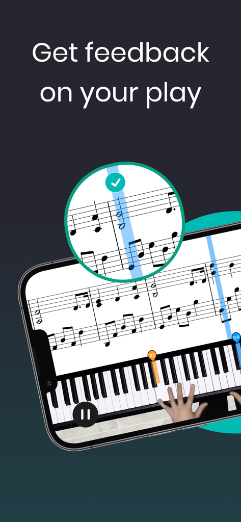 EZ Piano app screen showing real time feedback on sheet music and virtual keyboard