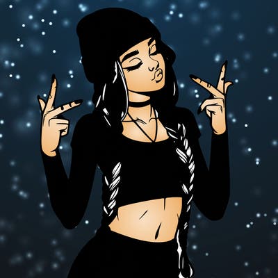 realistic teenage girl with braids and a beanie and crop top doing 🫶🏼