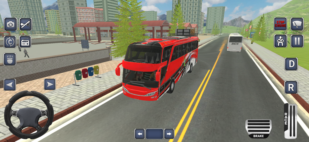 Bus Driving Games City Coach - Autobús urbano rojo conduciendo en una carretera de la ciudad en la simulación de Juegos de Conducir Autobuses Urbanos