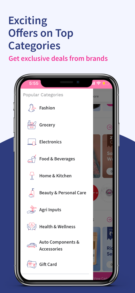 Mystore app displaying popular shopping categories like fashion grocery and electronics