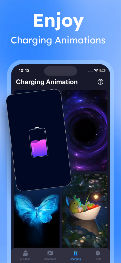 Cleanup guru - Speed Booster - Un menú de animaciones de carga coloridas que incluyen una galaxia y una mariposa brillante