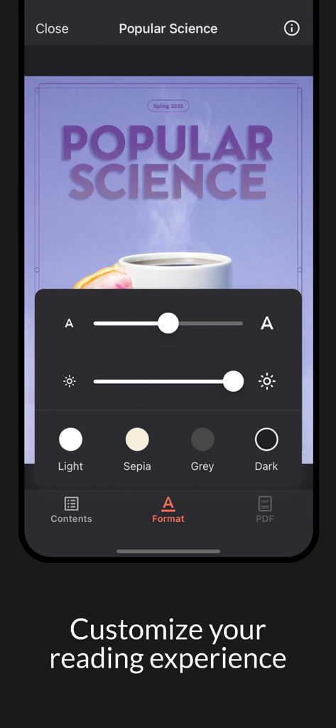 Popular Science 모바일 앱 인터페이스가 글꼴 크기, 밝기 및 라이트, 세피아, 그레이, 다크와 같은 읽기 테마에 대한 사용자 지정 설정을 보여줍니다.