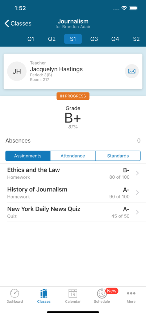 PowerSchool Mobile app screenshot showing a student's journalism class grades assignments and teacher information