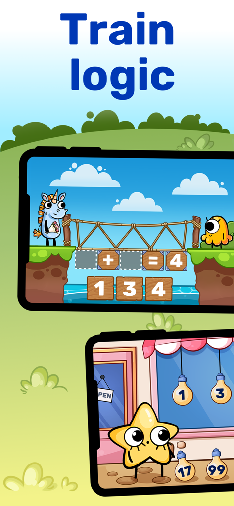 Educational app interface showing math and logic puzzles for kids with a cartoon unicorn and star character