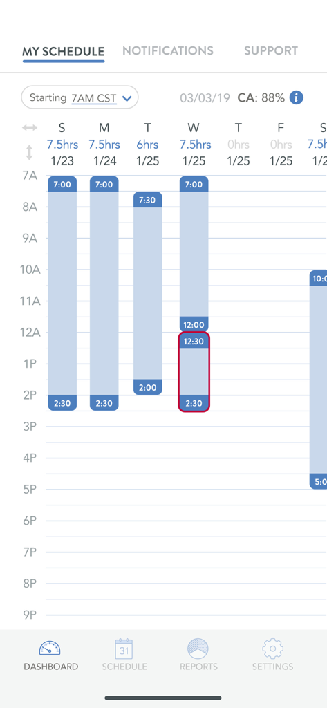 The Arise On The Go app interface displaying a weekly work schedule with assigned shift intervals